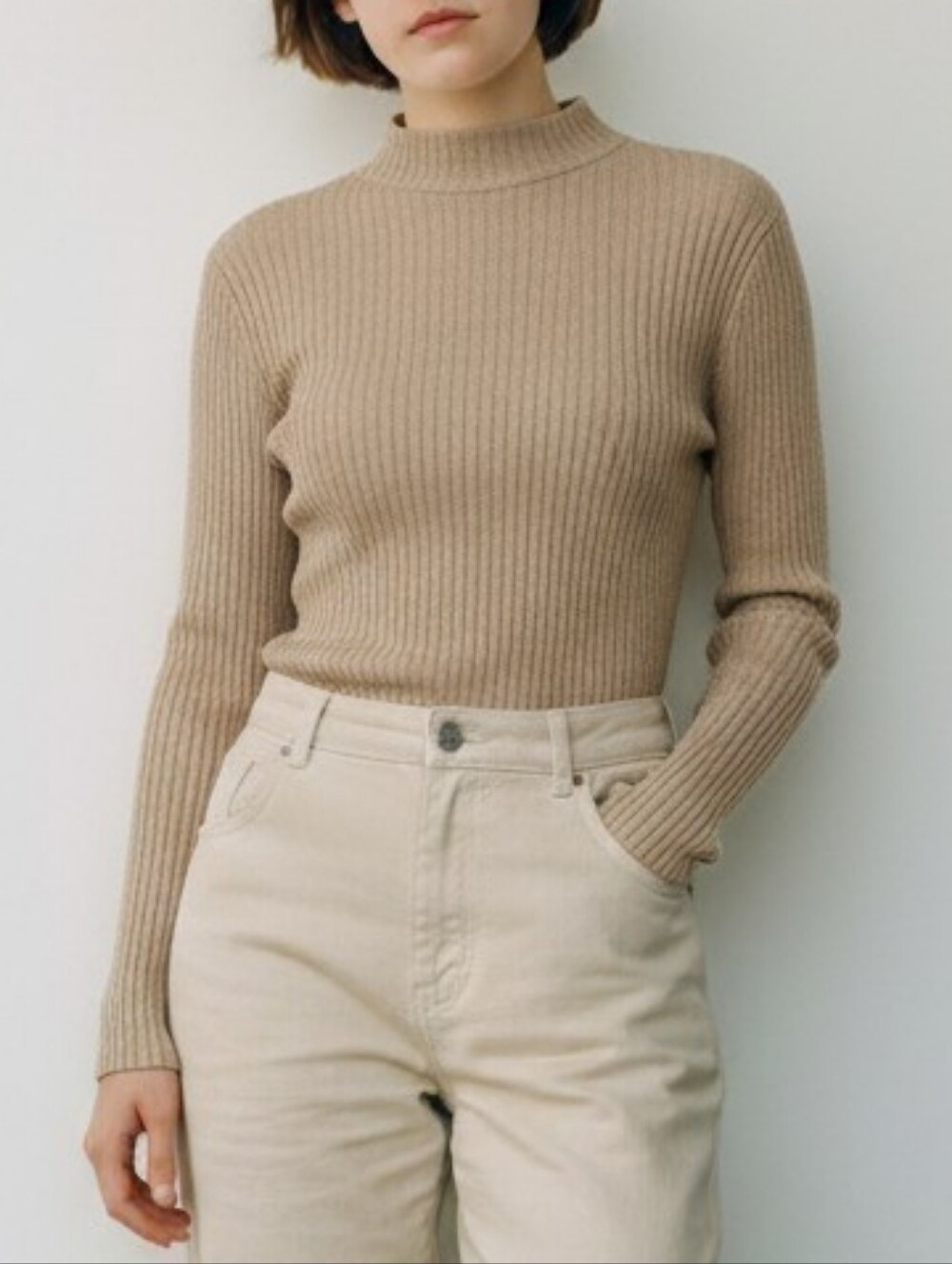 OAK + FORT Ribbed Mock Neck Tan Knit Sweater